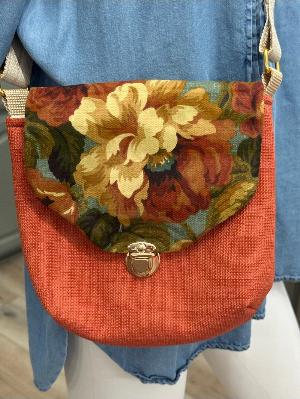 Handmade Crossbody Bag Medium Rust Orange Floral
